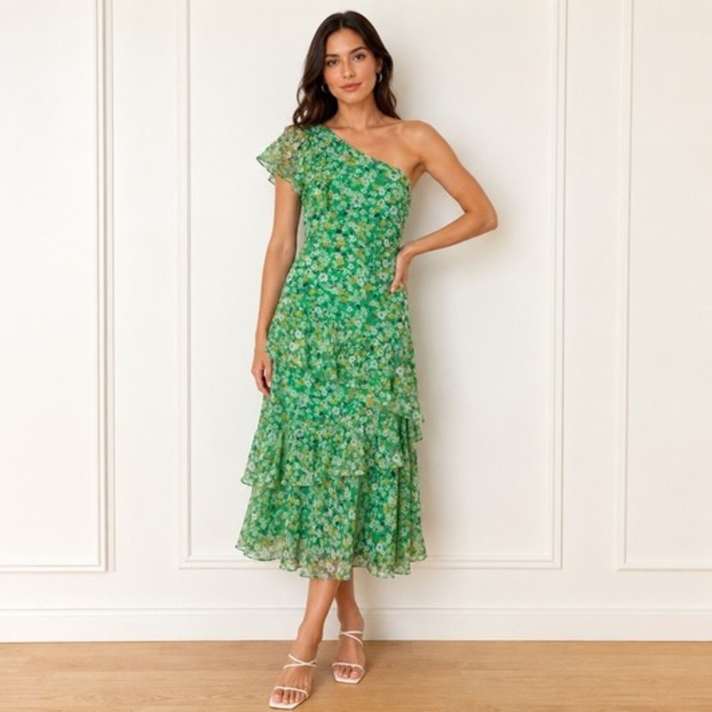 ASTR The Label Victoriana Floral One Shoulder Ruffle Tiered Midi Dress Small